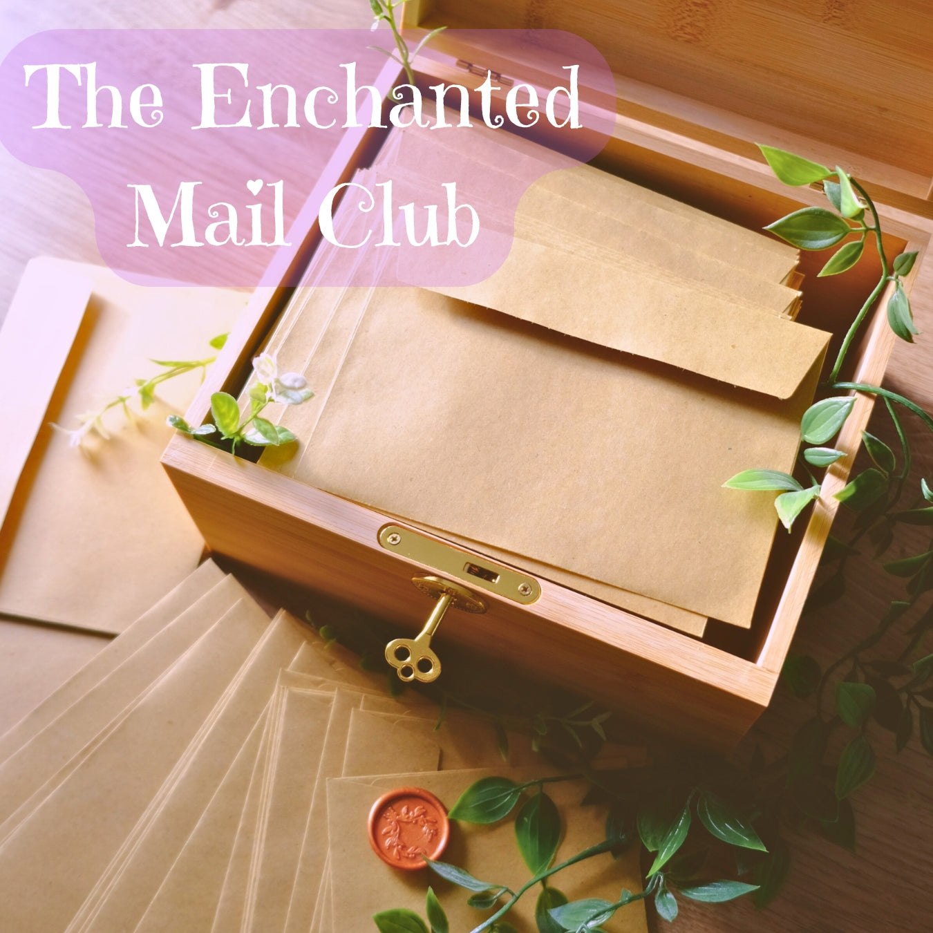 Wooden box with envelopes and a wax seal, surrounded by greenery, with 'The Enchanted Mail Club' text.