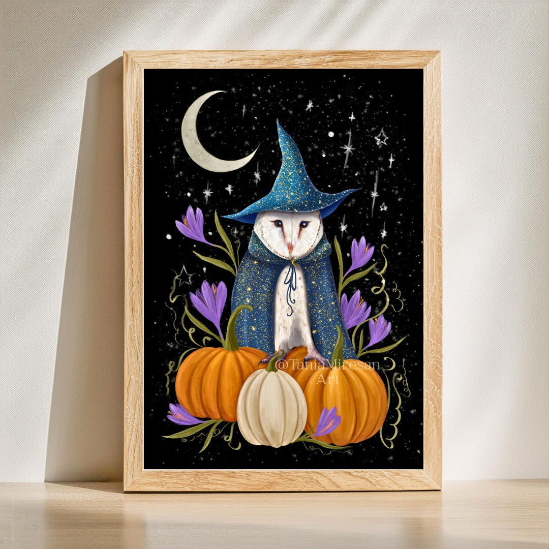 Owl and Pumpkins Fine Art Print
