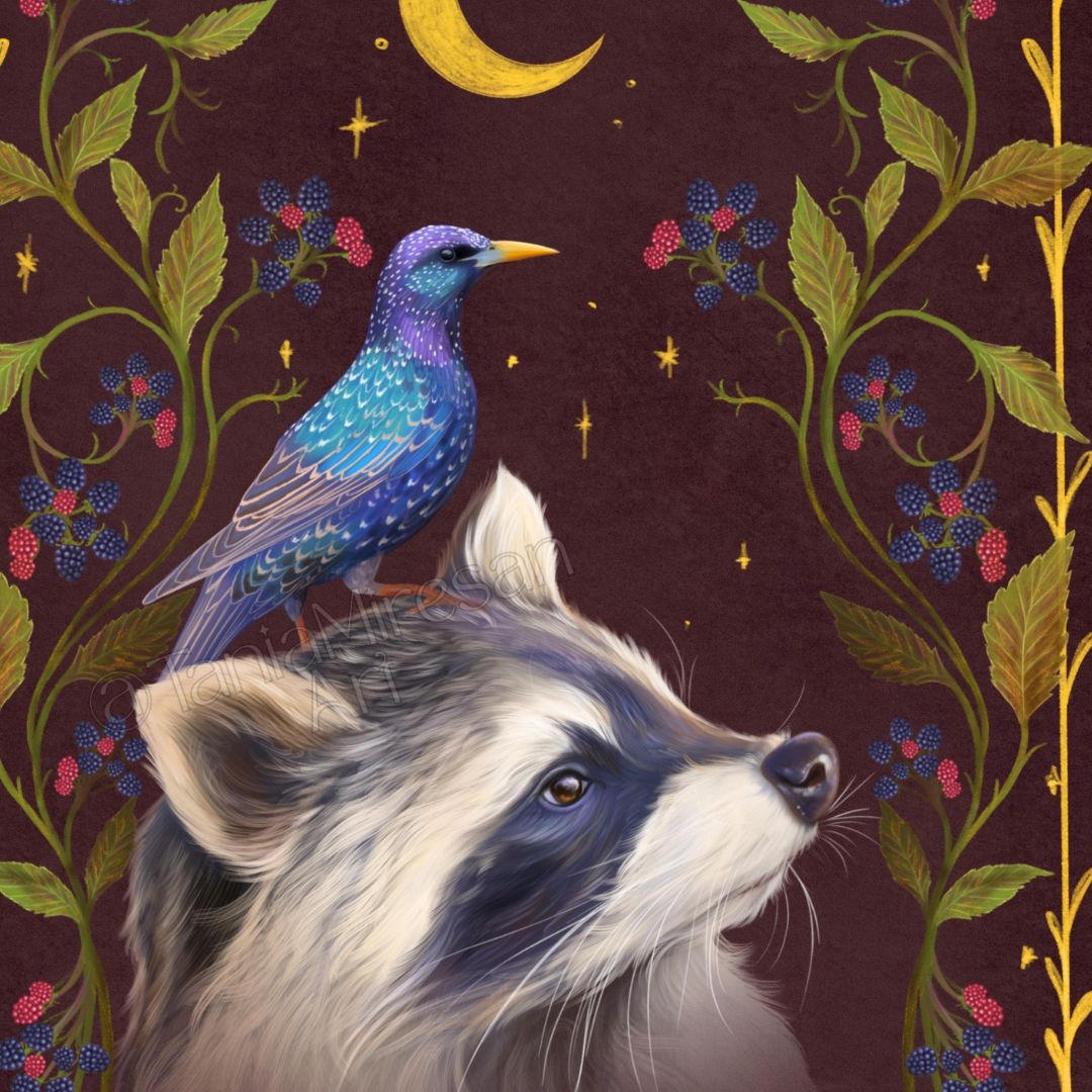 Raccoon & Starling Fine Art Print