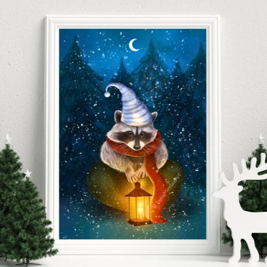 Christmas Raccoon Fine Art Print