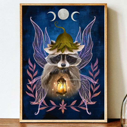 Fine art print of a raccoon with fairy wings and a lantern on a blue background.