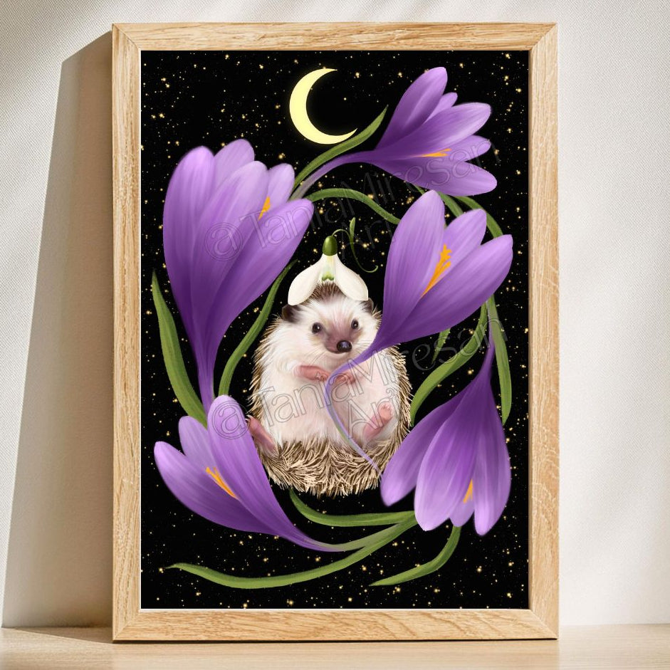 A framed art print featuring a cute hedgehog nestled inside a circle of purple crocuses on a black starry background with a crescent moon, leaning against a wall on a wooden surface.