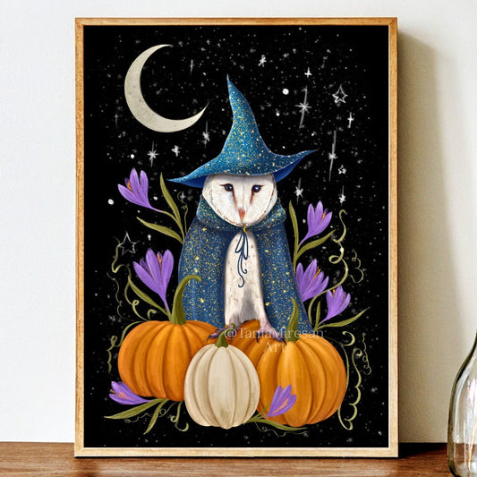 Owl and Pumpkins Fine Art Print