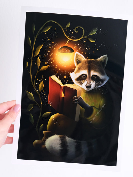 Raccoon Reading Glossy Print