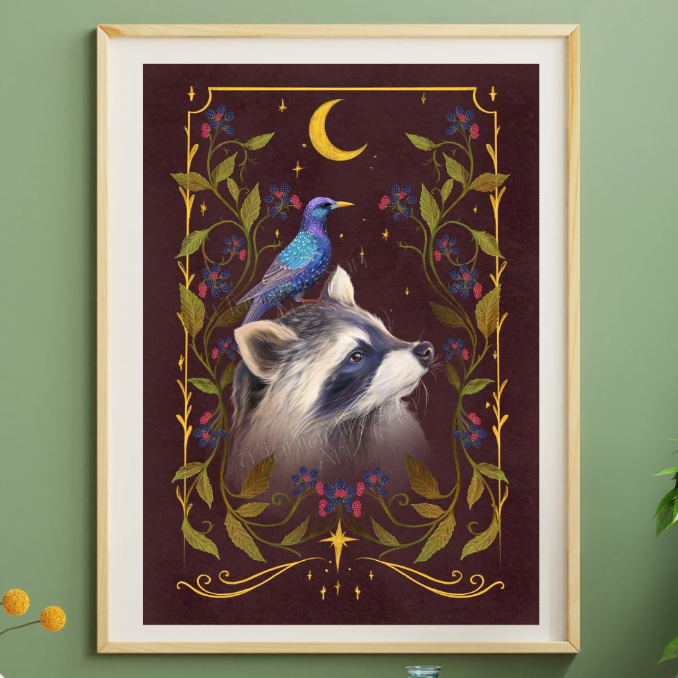 Raccoon & Starling Fine Art Print