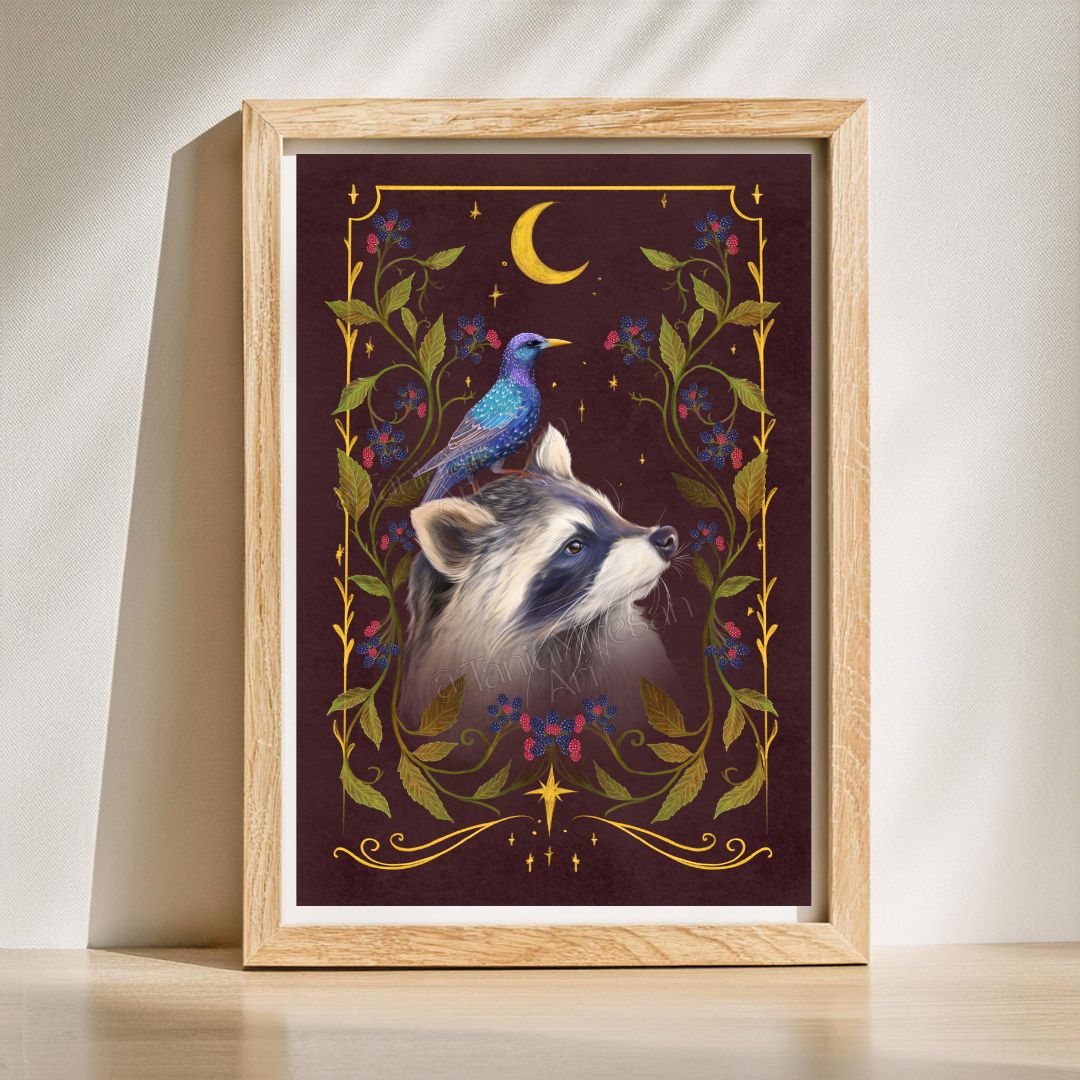 Raccoon & Starling Fine Art Print