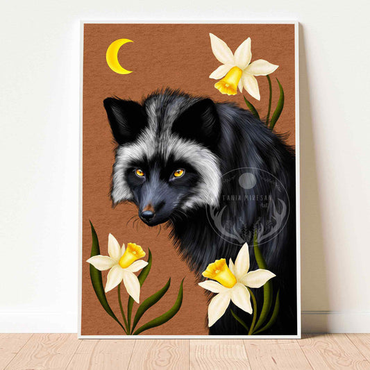 Silver Fox and Daffodils Fine Art Print