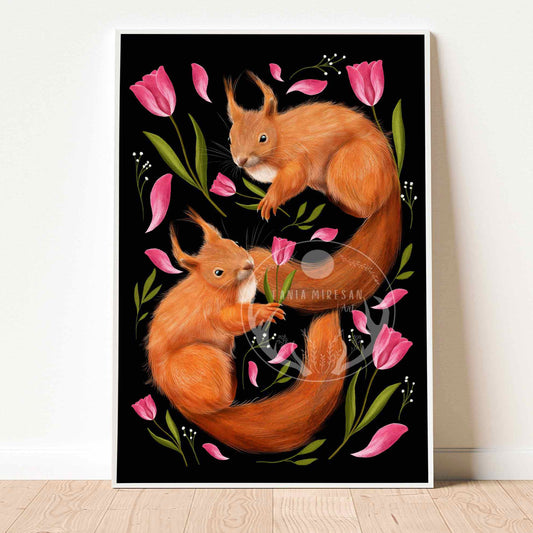 Squirrels and Tulips Fine Art Print