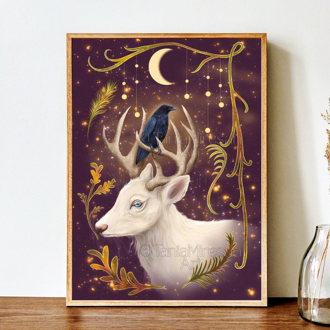 White Deer & Raven Fine Art Print