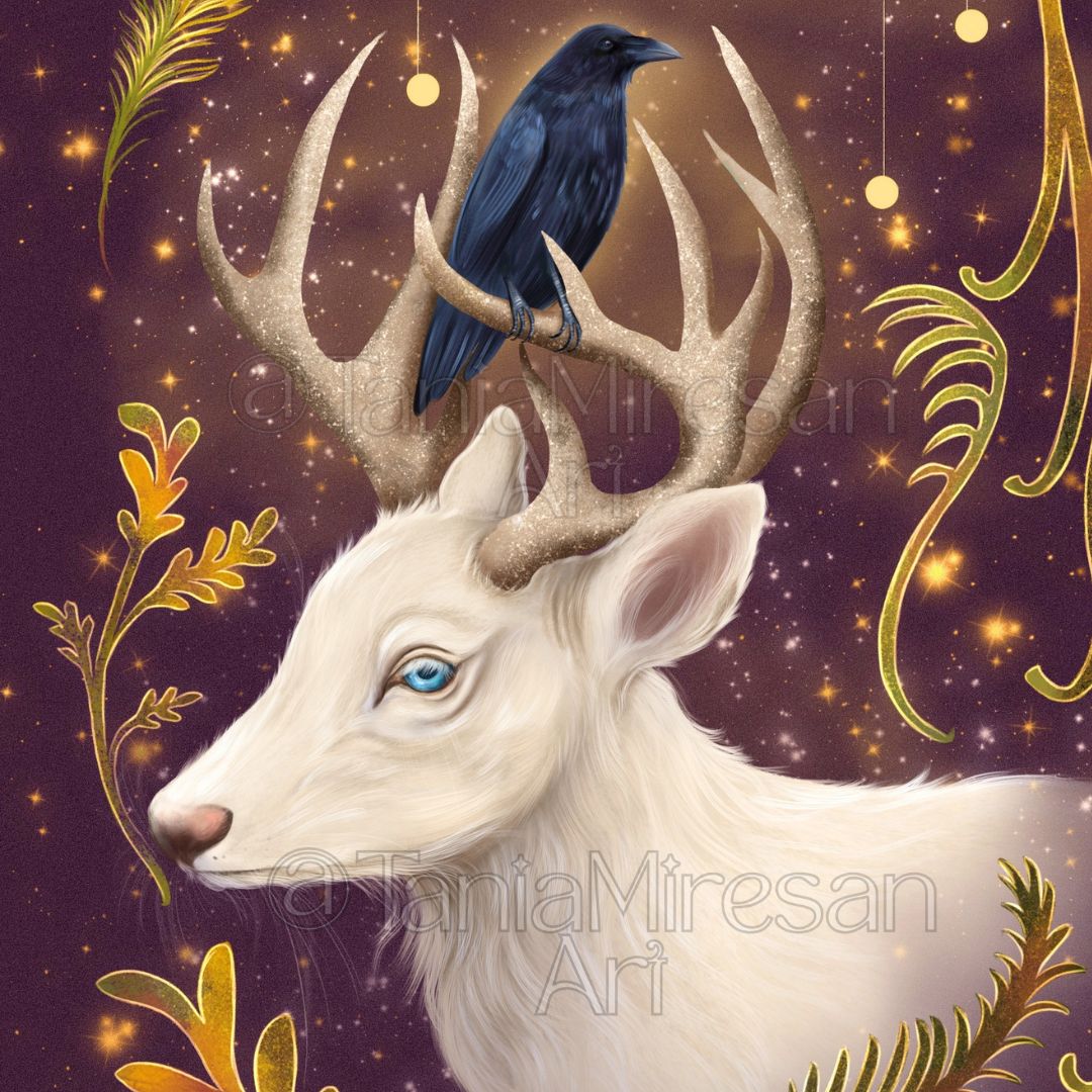 White Deer & Raven Fine Art Print