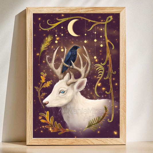 A framed art print featuring a white deer with antlers, a dark blue bird perched on its horns, a crescent moon, and gold decorative flourishes on a deep purple background, displayed against a light wall.